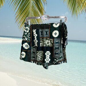 Hawaiian Vintage 80s Tribal Barkcloth Wrap Shorts Skort Royal Creations Size M